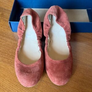 J. Crew Suede Ruffled Ballet Flat in Rusty Coral